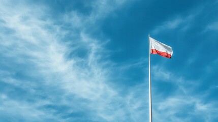 Polish National Flag Against a Clear Blue Sky with Soft Clouds