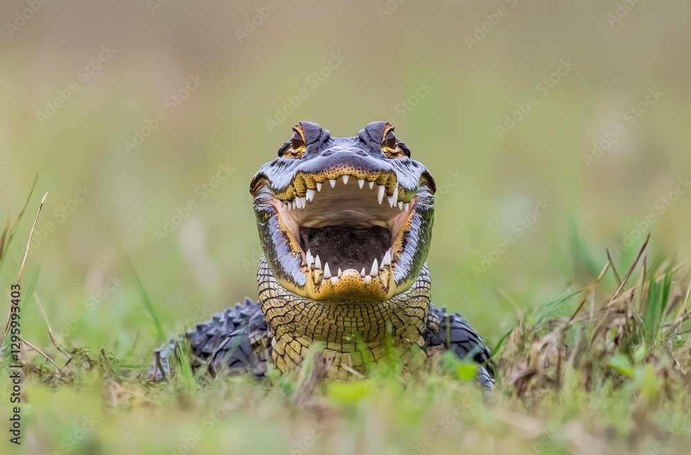 Poster close-up view of an alligator with open mouth on a green field, showcasing sharp teeth and rugged sc