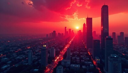 Fototapeta premium Moody urban landscape with bold red skyscrapers at sunset, moody, orange, red