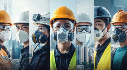 Group of workers in a warehouse or factory wearing helmets and safety gear, engaged in industrial work