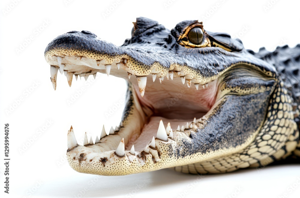 Poster close-up view of an open-mouthed alligator displaying sharp teeth and textured skin against a white 