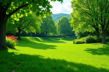 Fototapeta premium Serene landscape of lush green meadow with majestic trees and vibrant red flowers