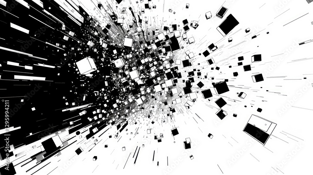 Poster exploding black and white cubes in motion. dramatic and intense visual effect. digital artwork of wh