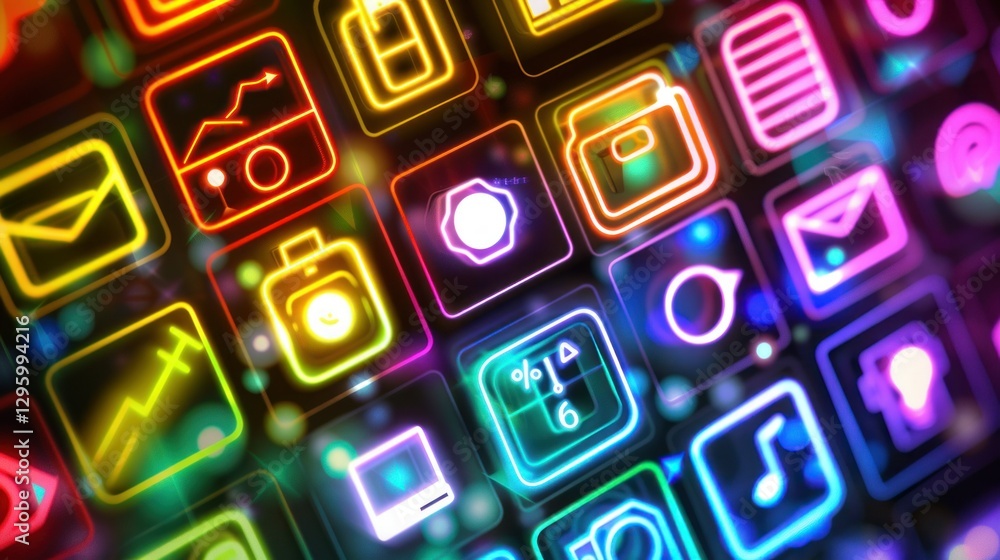 Poster a set of colorful icons representing technology and media.