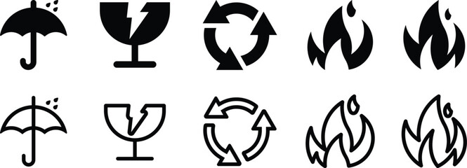 Packaging Label Icon Set. Rain Save Icon and Glass Save Icon Also Fire Saving Icon.