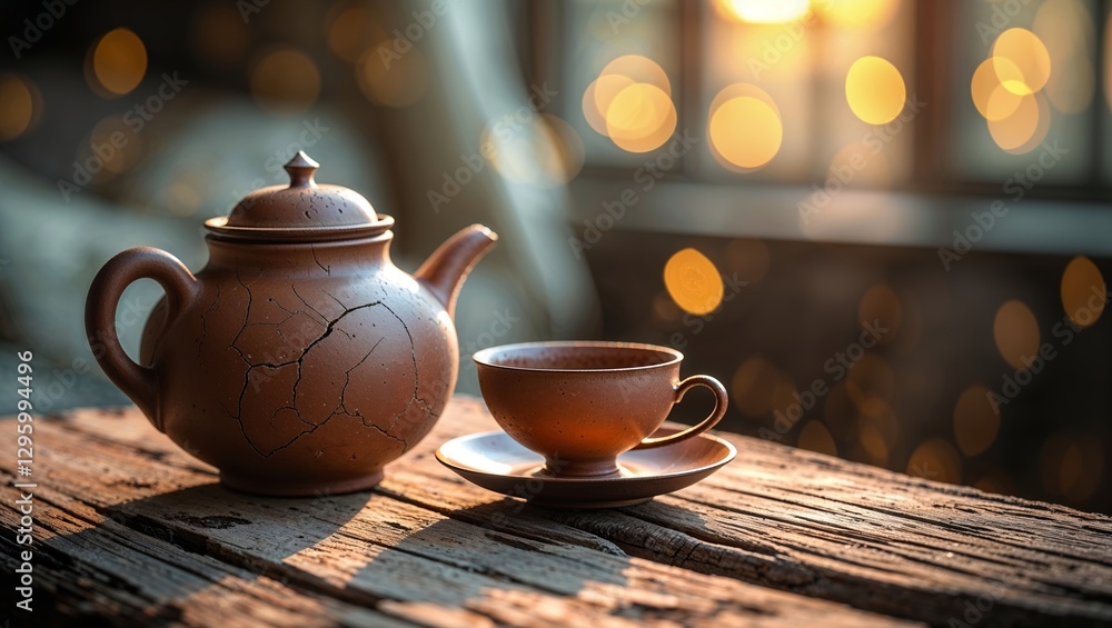 Poster warm tea set on rustic table with sunlight casting a cozy glow in a serene indoor setting
