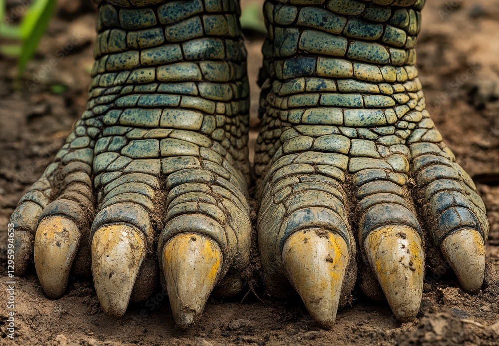 Poster close-up view of colorful lizard feet with textured scales and sharp claws set against a natural bac