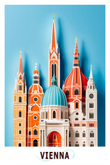 Obraz premium Vienna, Austria city poster in papercut, cut out style image. Layered creative skyline picture for travel booklet, postcard, print, cover with landmarks