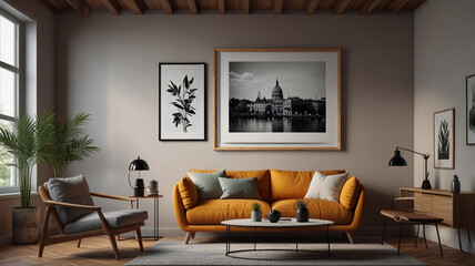 Frame mockup, ISO A paper size. Living room wall poster mockup. Interior mockup with house background. Modern interior design
