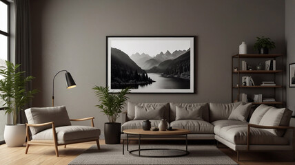 Frame mockup, ISO A paper size. Living room wall poster mockup. Interior mockup with house background. Modern interior design