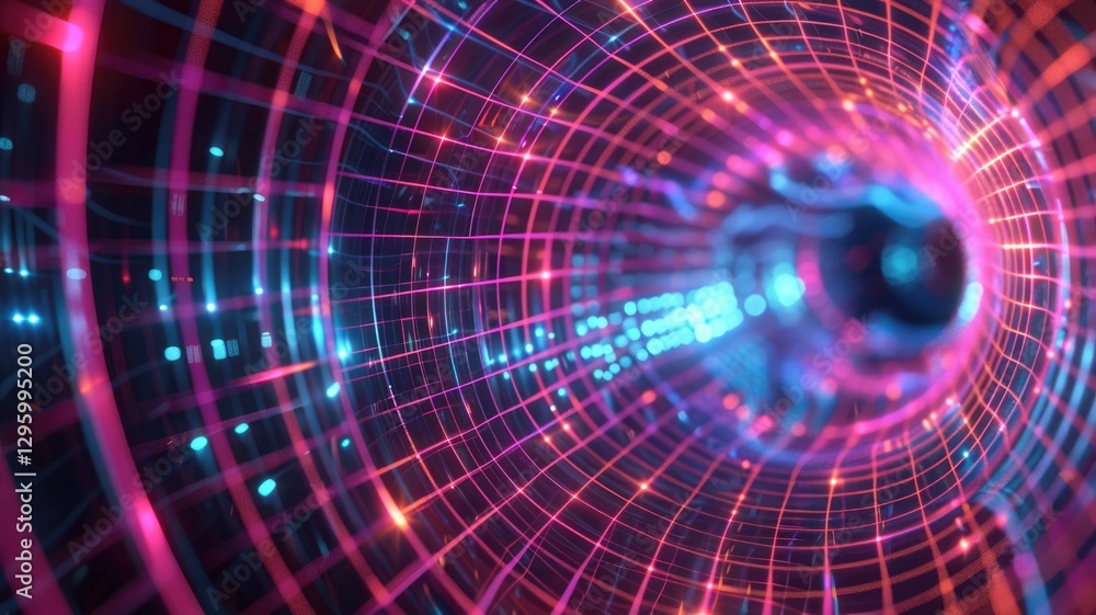 Poster abstract digital image of a colorful vortex with grid patterns on a dark background. digital artwork