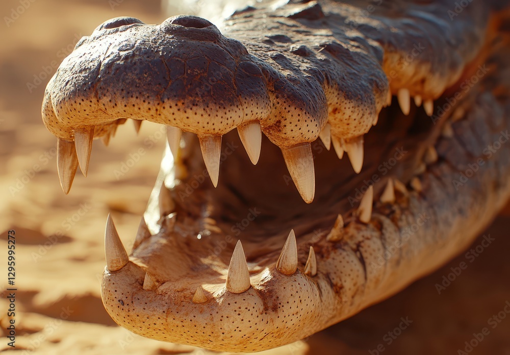 Poster close-up view of crocodile head displaying rows of sharp teeth in natural habitat under bright sunli