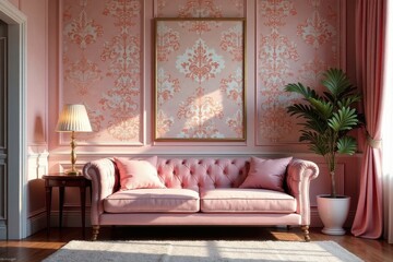 A Pink Upholstered Sofa in a Room with Elegant Damask Wallpaper and a Large Framed Print
