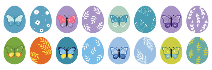 Easter eggs with floral elements. Drawing clipart set. Happy easter eggs, color butterflies. Multicolored symbols for traditional celebration. Vector illustration, oval shape elements for decoration