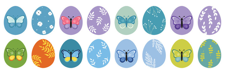 Easter eggs with floral elements. Drawing clipart set. Happy easter eggs, color butterflies. Multicolored symbols for traditional celebration. Vector illustration, oval shape elements for decoration