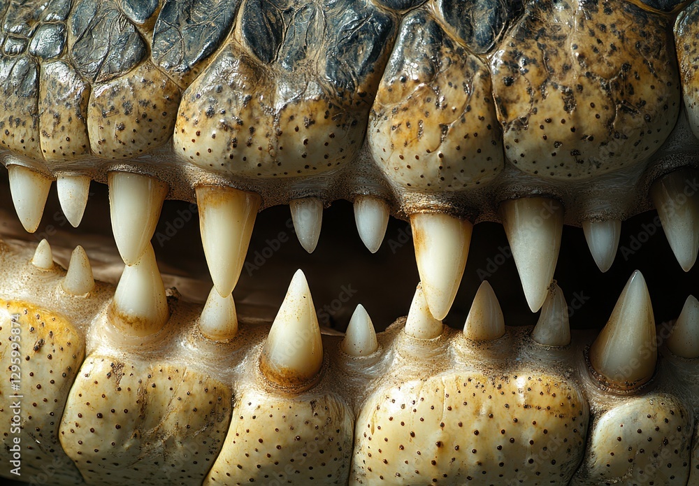 Poster close-up view of crocodile jaw displaying sharp teeth and intricate patterns of scales under natural