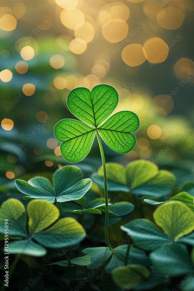 Poster green clover with vibrant bokeh background in a sunny forest setting during springtime