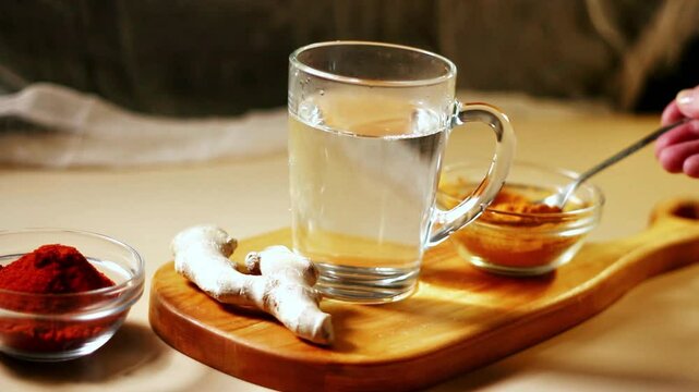 Immunity drink with turmeric powder in transparent glass. Homemade turmeric tea. Healthy drink with curcuma spices. Turmeric beverage for cleansing skin, normal bowel function and weightloss