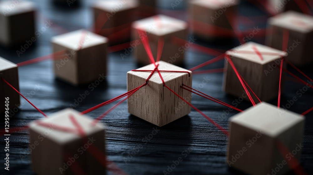 Poster a vast network of wooden blocks forming a dynamic structure, red threads connecting each piece to il