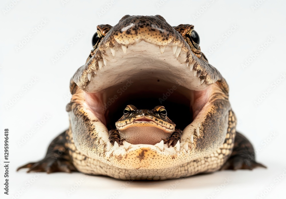 Aufkleber close-up view of crocodile with small frog inside mouth capturing nature's unique predator-prey rela