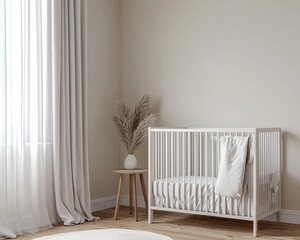 Boho nursery decor with a cozy wooden crib, boho nursery interior in soft neutral tones, stylish boho nursery room with rustic aesthetics