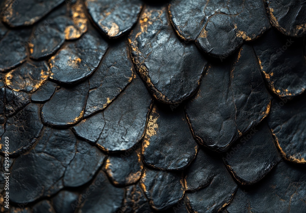 Poster close-up view of dark textured scales with metallic highlights, showing intricate patterns and detai