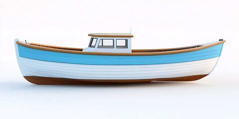 Naklejka premium 3D render of a charming classic wooden fishing boat. White, blue and brown color scheme.