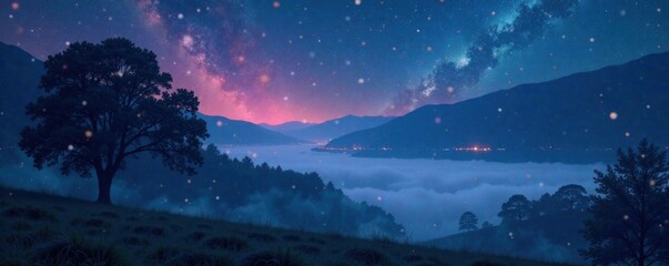 Mystical night scene with glittering fog, stars, and bokeh effect , Fog, Magical Scene, Bokeh