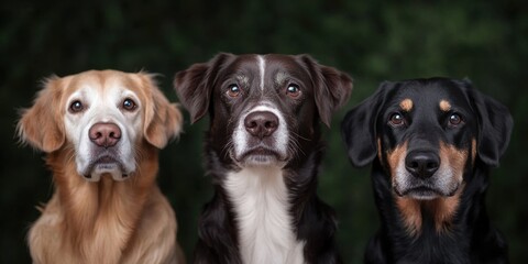 Three alert dogs posed with focused expressions on a dark background. National Purebred Dog Day