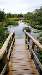 Wooden bridge over tranquil wetlands with lush greenery and cloudy sky. American Wetlands Month
