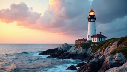 Naklejka premium Nautical lighthouse standing alone on rocky coastline, rock, lighthouse, sea