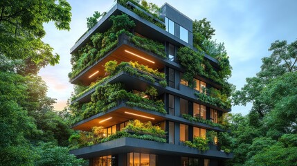 Fototapeta premium Verdant apartment building at dusk in a park