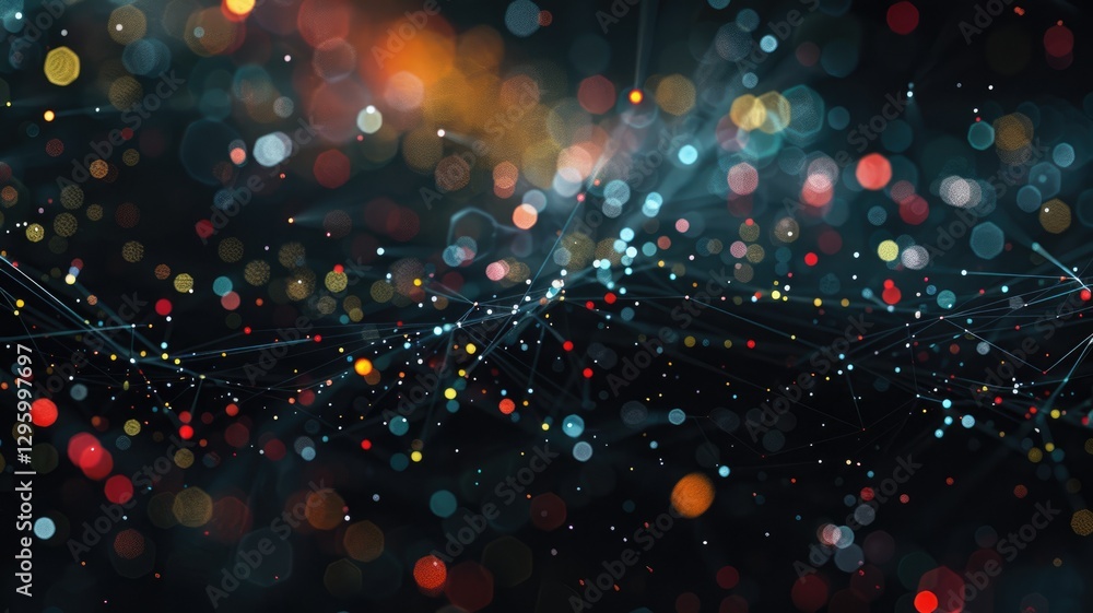 Poster abstract visualization of glowing dots and lines on a dark background. digital artwork of glowing vi