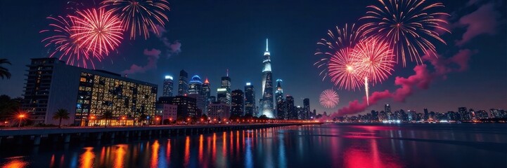 New Year fireworks over a modern cityscape with a QR code displayed on a building facade, fireworks, digital display, new year