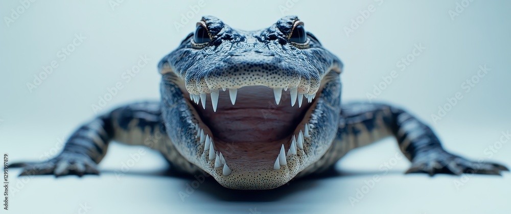 Poster close-up view of ferocious alligator head with sharp teeth displayed in studio lighting on a neutral