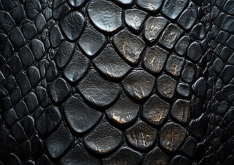 Naklejka premium Close-Up View of Exquisite Black Snake Skin Texture Highlighting Scales and Natural Patterns for Textural Variety in Design Projects