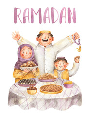 Ramadan Kareem greeting card Design. Watercolor cartoon Illustration for greetings card, poster and banner. Hand-drawn happy muslim family at the table with traditional holiday food. 