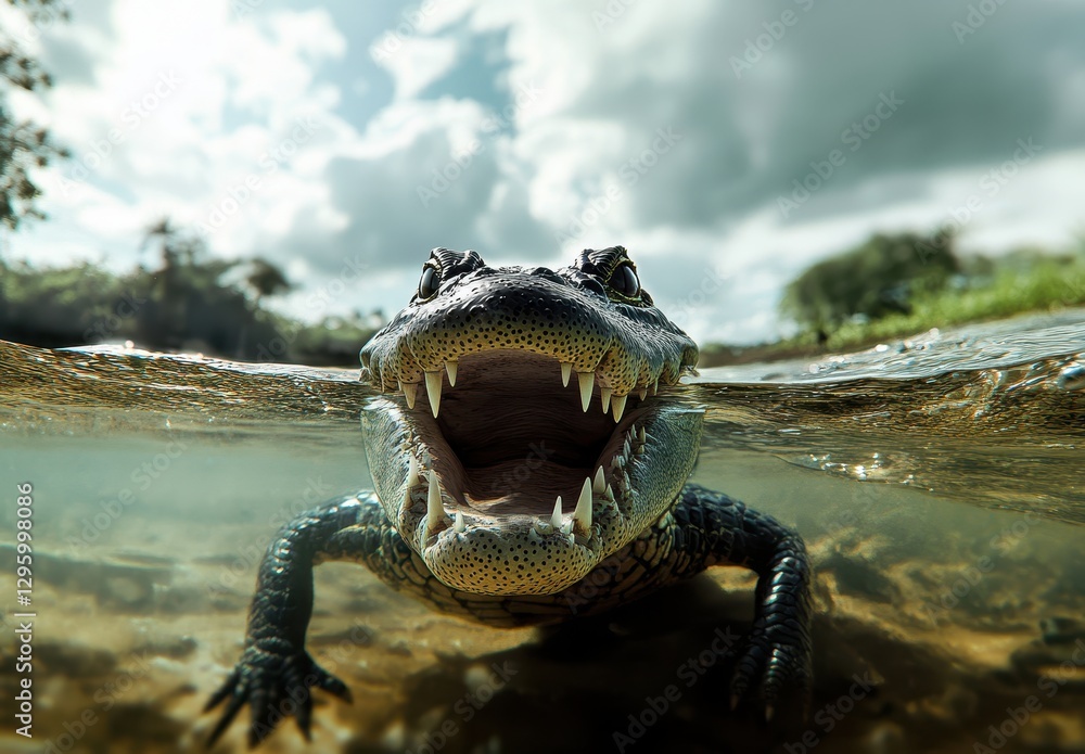 Aufkleber close-up view of fierce alligator emerging from water with wide open mouth and sharp teeth under dra