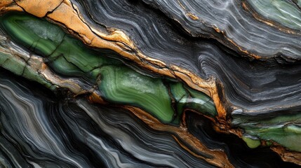 Abstract swirling green and copper patterns in marble stone texture close-up