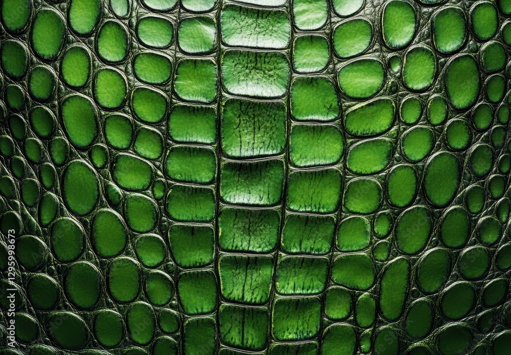 Poster close-up view of glossy green crocodile skin texture with distinct patterns and shiny appearance for