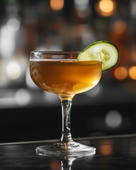 Refreshing cocktail in coupe glass with a crisp cucumber garnish on bar.