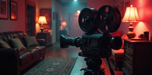 Old movie camera and film reels in a dimly lit room , cinema, Camera, film