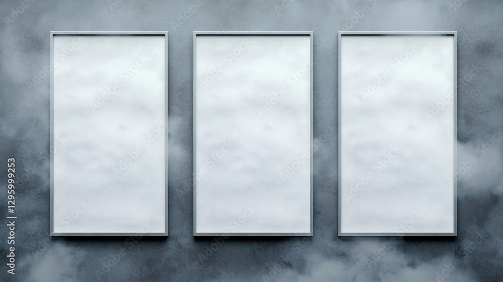 Poster minimalist three frame display on textured gray wall background