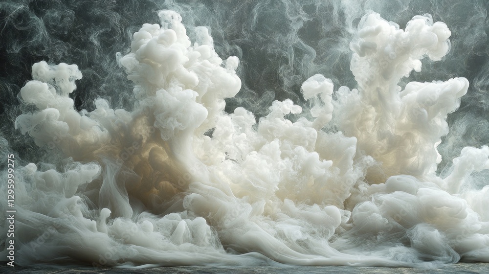 Poster cascading waves of fluffy white vapor rise and swirl in an enchanting display, evoking a sense of tr