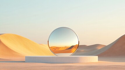 Futuristic glass mirror product showcase in the desert, blending e-commerce, innovation, and minimalistic design aesthetics.
