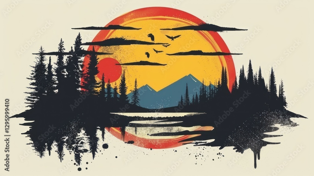 Poster A 2D vector-style graphic design of nature elements like trees and mountains.