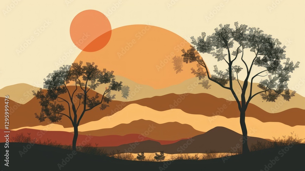 Poster a 2d vector-style graphic design of nature elements like trees and mountains.