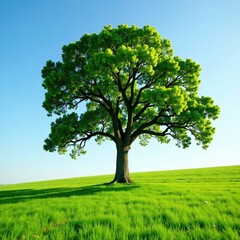 Old tree standing alone in a vast green meadow, landscape, tree, nature