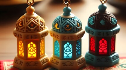 Obraz premium ramadan kareem decorated small blue and yellow and red lanterns fanous on the table in islamic background