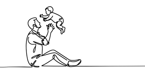 Continuous line drawing. Father holding happy son up in air. Vector illustration